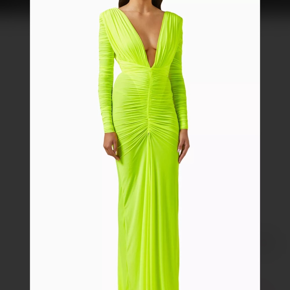 Alex Perry Neon Green Ruched Long Sleeve Gown